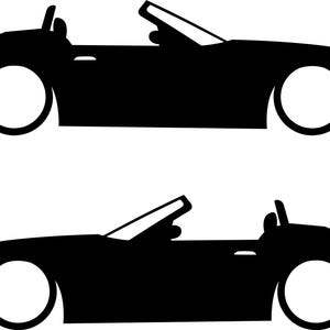 May include: Two black convertible car silhouettes with white wheels are depicted against a white background. The cars have a sleek, modern design with the top down. The image is a simple, graphic illustration.