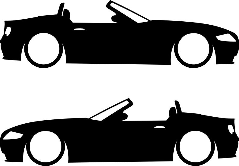 May include: Two black convertible car silhouettes with white wheels are depicted against a white background. The cars have a sleek, modern design with the top down. The image is a simple, graphic illustration.