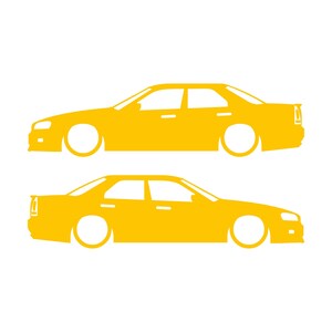 Set Of 2 Lowered Car Silhouette Decal Stickers For Nissan Skyline R34 4-door Sedan Yellow