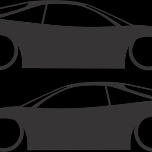 May include: Two gray silhouette illustrations of a sports car, each with a spoiler and large wheels. The cars are side-profile views, set against a black background. The design is minimalist and graphic.