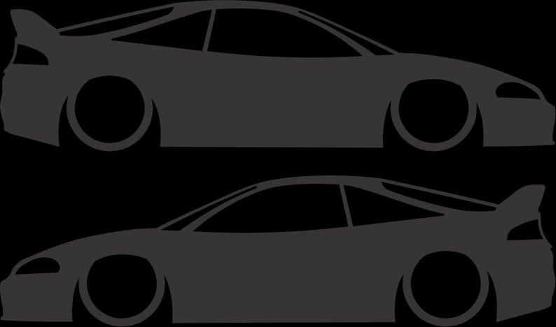 May include: Two gray silhouette illustrations of a sports car, each with a spoiler and large wheels. The cars are side-profile views, set against a black background. The design is minimalist and graphic.