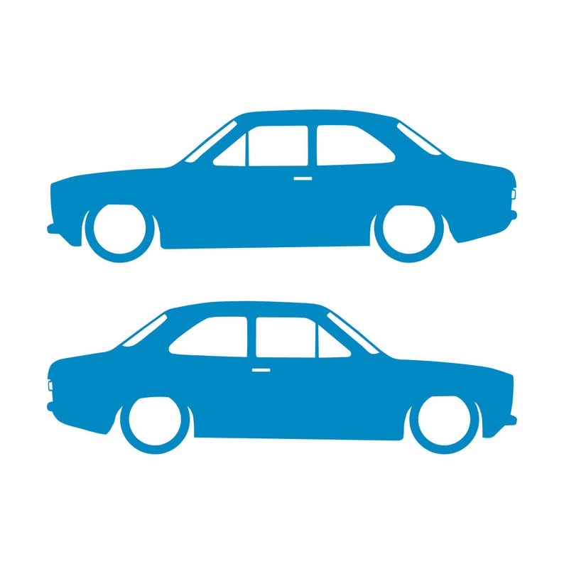 Set Of 2 Lowered Car Silhouette Decal Stickers For Ford Escort Mk1 3-door Hatchback Light Blue