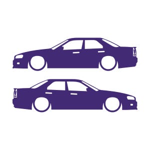 Set Of 2 Lowered Car Silhouette Decal Stickers For Nissan Skyline R34 4-door Sedan Purple