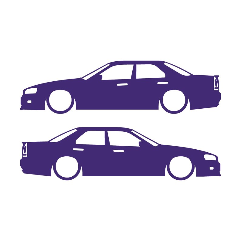 Set Of 2 Lowered Car Silhouette Decal Stickers For Nissan Skyline R34 4-door Sedan Purple