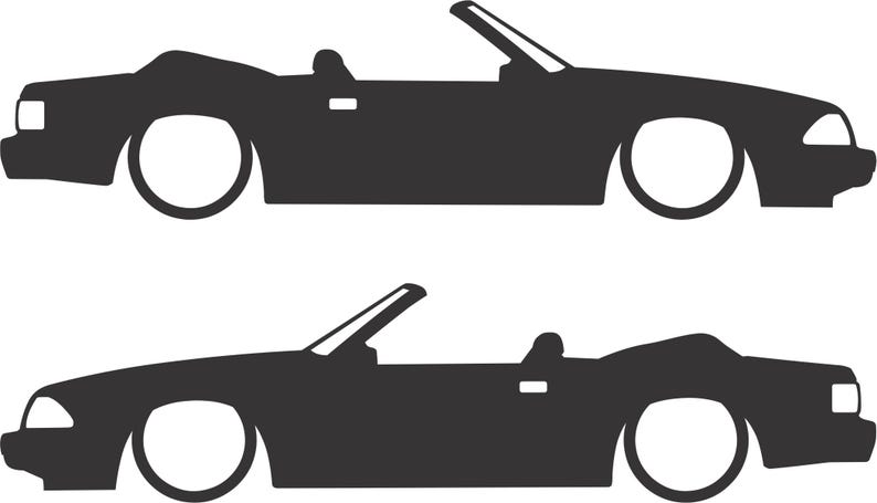 May include: Two black convertible car silhouettes with white wheels are depicted against a white background. The cars have their tops down, showcasing their sleek, classic design. The image is a simple, graphic representation.