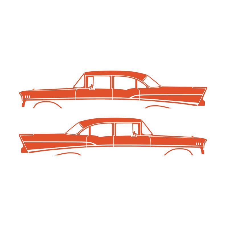 Set Of 2 Lowered Car Silhouette Decal Stickers For 1957 Chevrolet Bel Air 4-door Sedan Coupe Orange