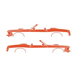 Conjunto de 2 adesivos com a silhueta de um carro rebaixado para Ford Mustang Conversível de 1969. Laranja