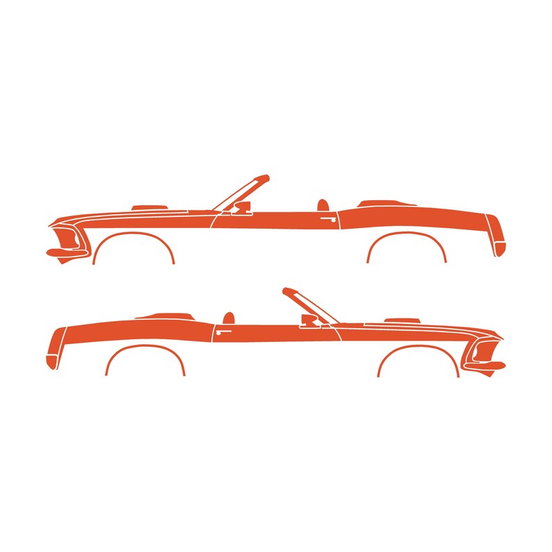 Conjunto de 2 adesivos com a silhueta de um carro rebaixado para Ford Mustang Conversível de 1969. Laranja