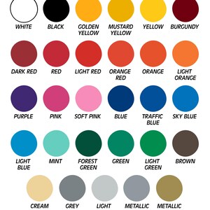 May include: A color chart featuring a variety of hues, including white, black, yellow, red, blue, green, and metallic shades. Each color is displayed in a circular shape with its name underneath, such as "Burgundy," "Mint," and "Metallic Gold."