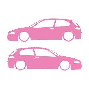 Set Of 2 Lowered Car Silhouette Decal Stickers For Alfa Romeo 147 Facelift 2005+ 3-DOOR Hatchback Soft Pink