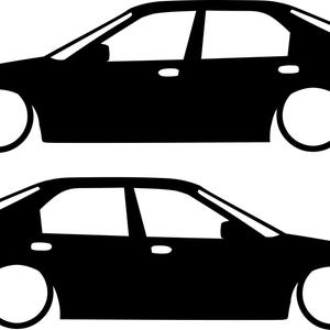 K&ouml;nnte beinhalten: Zwei schwarze Limousinen-Silhouetten mit wei&szlig;en R&auml;dern werden vor einem wei&szlig;en Hintergrund dargestellt. Die Autos sind Seitenansichtsillustrationen, die die Form und das Design des Fahrzeugs zeigen. Das Bild ist eine einfache, grafische Darstellung eines Autos.