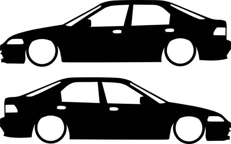 K&ouml;nnte beinhalten: Zwei schwarze Limousinen-Silhouetten mit wei&szlig;en R&auml;dern werden vor einem wei&szlig;en Hintergrund dargestellt. Die Autos sind Seitenansichtsillustrationen, die die Form und das Design des Fahrzeugs zeigen. Das Bild ist eine einfache, grafische Darstellung eines Autos.