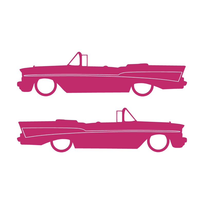 Set Of 2 Lowered Car Silhouette Decal Stickers For 1957 Chevrolet Bel Air Convertible Coupe Pink