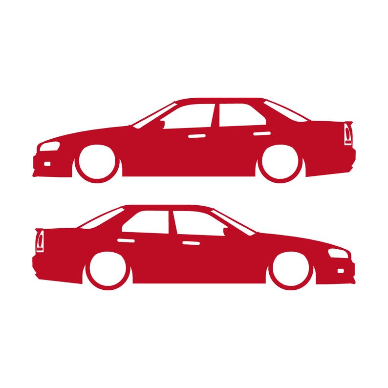 Set Of 2 Lowered Car Silhouette Decal Stickers For Nissan Skyline R34 4-door Sedan Red