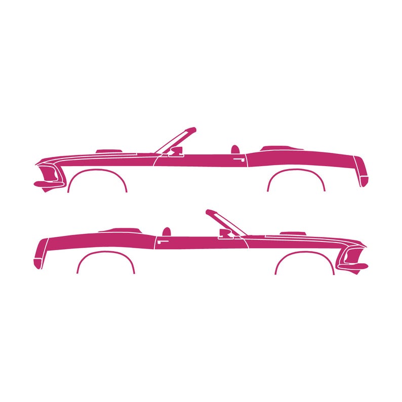 Conjunto de 2 adesivos com a silhueta de um carro rebaixado para Ford Mustang Conversível de 1969. Cor-de-rosa