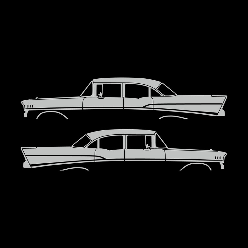 Set Of 2 Lowered Car Silhouette Decal Stickers For 1957 Chevrolet Bel Air 4-door Sedan Coupe Light Grey