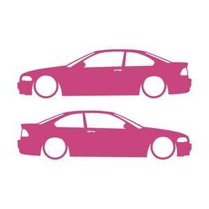 Set van 2 verlaagde autosilhouet-stickers voor BMW E46 3-serie coupé (pre-facelift). Roze