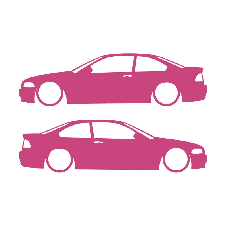 Set van 2 verlaagde autosilhouet-stickers voor BMW E46 3-serie coupé (pre-facelift). Roze