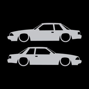 Juego de 2 pegatinas con silueta de coche rebajado para Ford Mustang Fox Body Notchback 1987-93 Plata