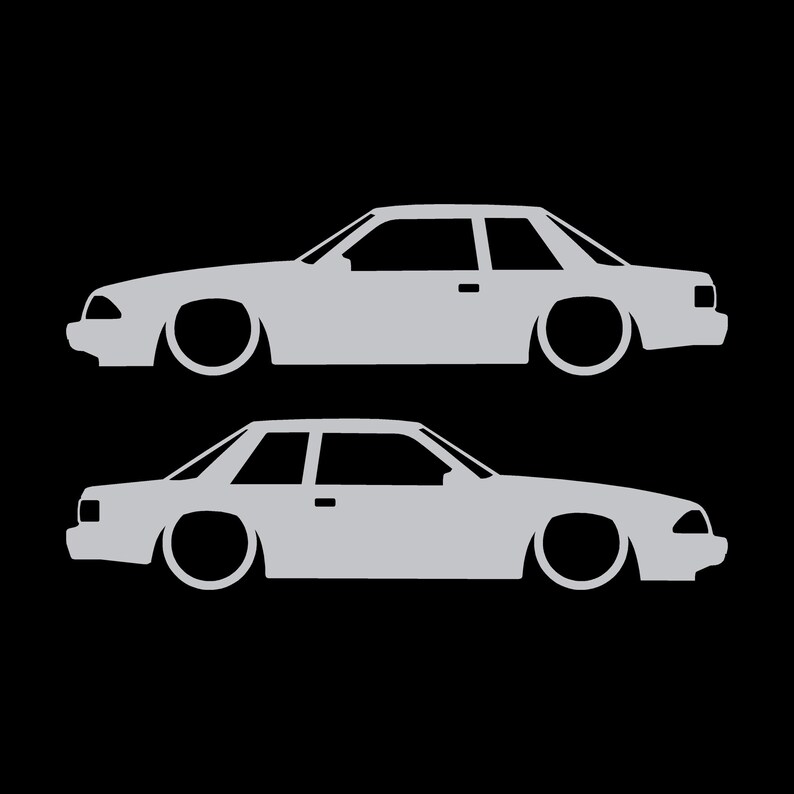 Juego de 2 pegatinas con silueta de coche rebajado para Ford Mustang Fox Body Notchback 1987-93 Plata