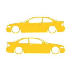 Set van 2 verlaagde autosilhouet-stickers voor BMW E46 3-serie coupé (pre-facelift). Geel