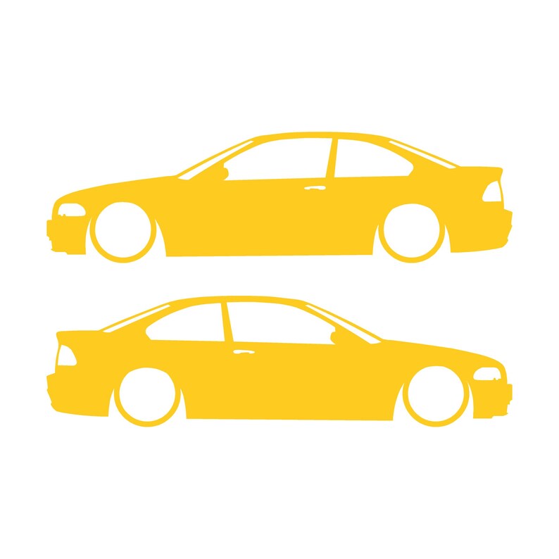 Set van 2 verlaagde autosilhouet-stickers voor BMW E46 3-serie coupé (pre-facelift). Geel