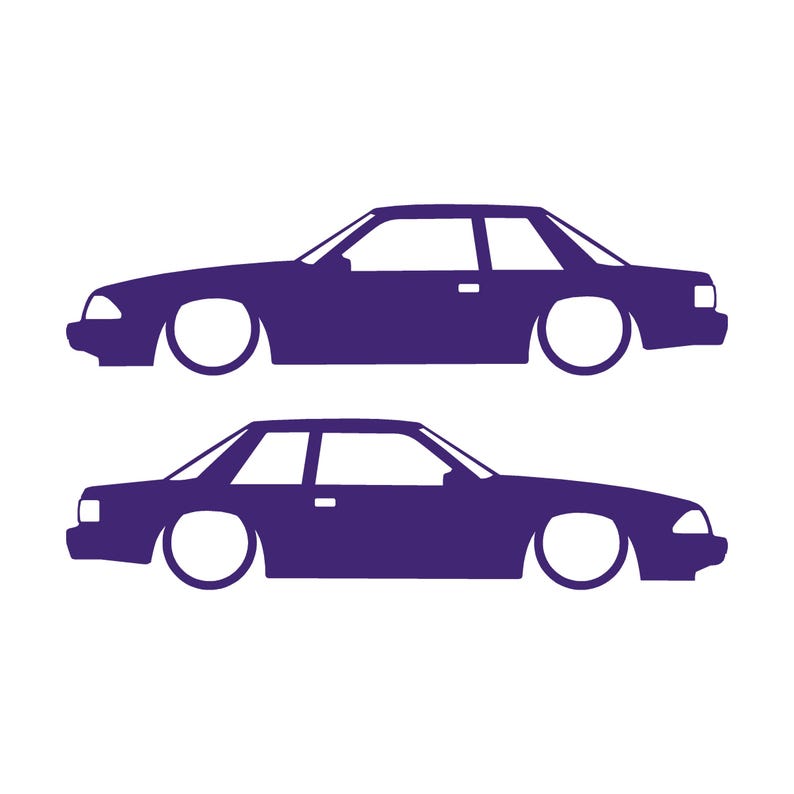 Juego de 2 pegatinas con silueta de coche rebajado para Ford Mustang Fox Body Notchback 1987-93 Morado