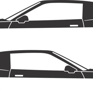 May include: Two side-view illustrations of a classic sports car in black and white. The cars have a sleek, low profile with a long hood, a sloped rear window, and a spoiler. The wheels are visible, and the design is minimalist.
