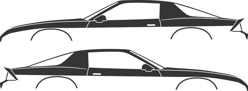 May include: Two side-view illustrations of a classic sports car in black and white. The cars have a sleek, low profile with a long hood, a sloped rear window, and a spoiler. The wheels are visible, and the design is minimalist.