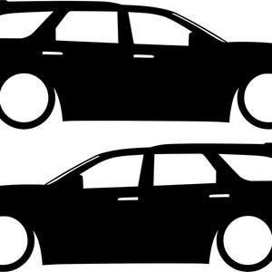 May include: Two black SUV silhouettes are depicted against a white background. The vehicles are side-profile views, showcasing the body shape, windows, and wheels. The design is minimalist, emphasizing the car's form.
