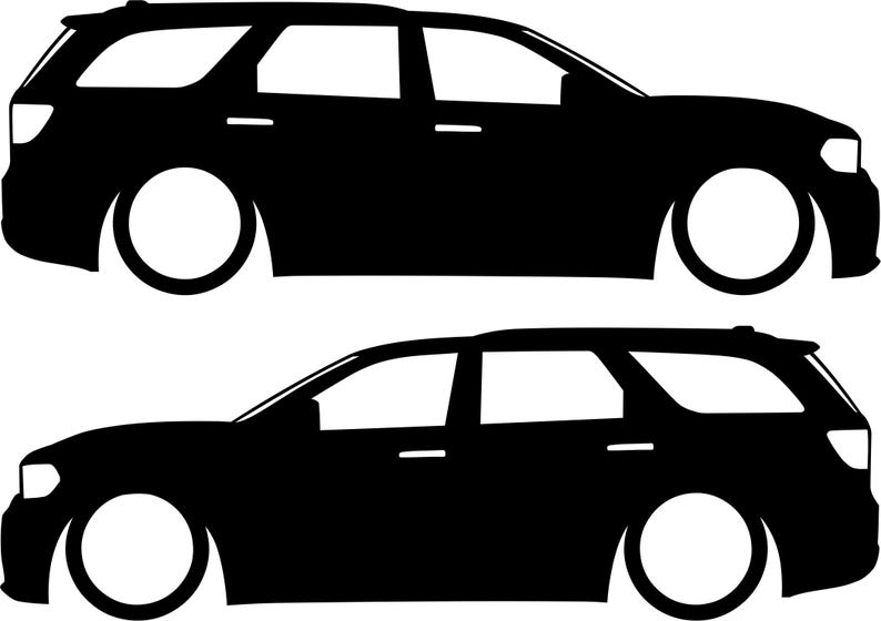 May include: Two black SUV silhouettes are depicted against a white background. The vehicles are side-profile views, showcasing the body shape, windows, and wheels. The design is minimalist, emphasizing the car's form.