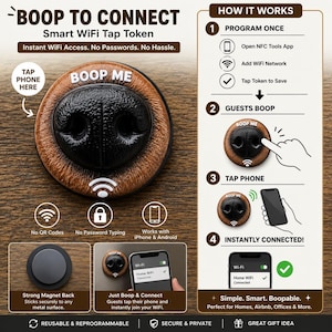 May include: A round smart WiFi tap token featuring a realistic black dog nose design on a brown textured background with the text BOOP ME. The token includes a white WiFi icon and a strong magnetic back for attachment to metal surfaces.