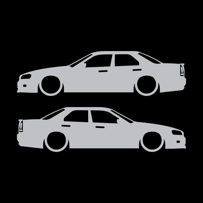 Set Of 2 Lowered Car Silhouette Decal Stickers For Nissan Skyline R34 4-door Sedan Silver