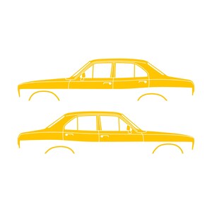 Set med 2 silhuettdekaler för Ford Escort Mk1 2-dörrars Sedan Coupé Gul