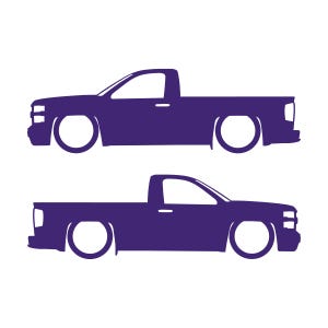 Set Of 2 Lowered Car Silhouette Decal Stickers For Chevrolet Silverado Reg Cab 2014-19 Purple