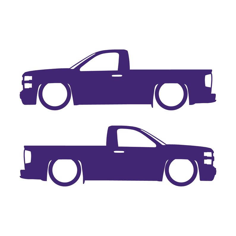 Set Of 2 Lowered Car Silhouette Decal Stickers For Chevrolet Silverado Reg Cab 2014-19 Purple