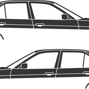 Pode incluir: Duas silhuetas pretas de carros sedan. Os carros s&atilde;o vistos de lado, com detalhes como janelas, portas e espelhos laterais. O design &eacute; minimalista, com linhas limpas e foco na forma do carro.