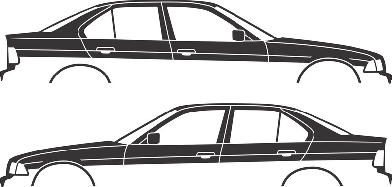Pode incluir: Duas silhuetas pretas de carros sedan. Os carros s&atilde;o vistos de lado, com detalhes como janelas, portas e espelhos laterais. O design &eacute; minimalista, com linhas limpas e foco na forma do carro.
