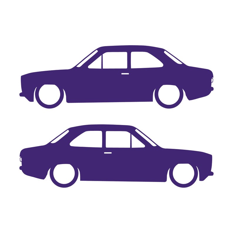Set Of 2 Lowered Car Silhouette Decal Stickers For Ford Escort Mk1 3-door Hatchback Purple