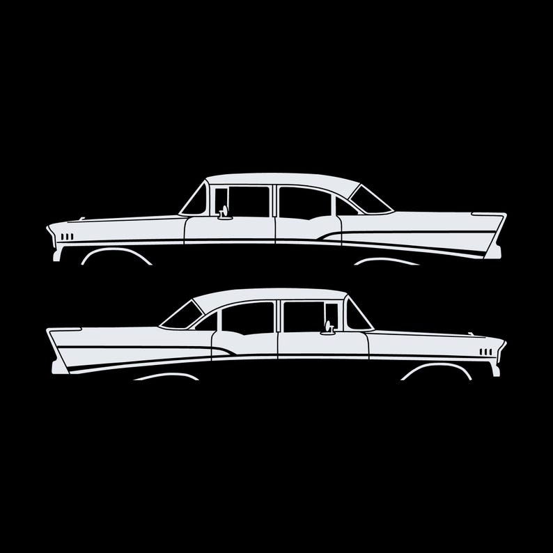 Set Of 2 Lowered Car Silhouette Decal Stickers For 1957 Chevrolet Bel Air 4-door Sedan Coupe White