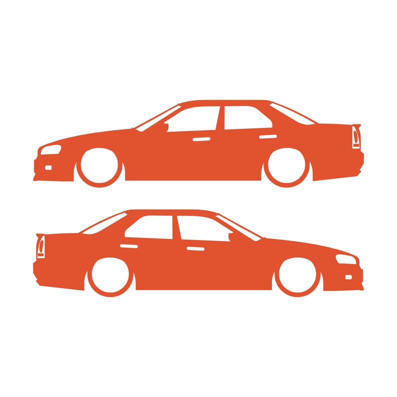 Set Of 2 Lowered Car Silhouette Decal Stickers For Nissan Skyline R34 4-door Sedan Orange