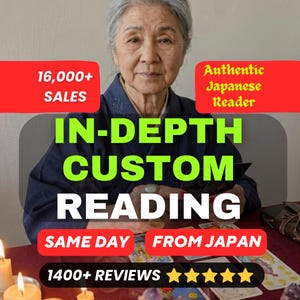 May include: An elderly woman with gray hair is the focal point of this image. Text overlays read "IN-DEPTH CUSTOM READING", "Authentic Japanese Reader", and "16,000+ SALES". The image also includes the text "SAME DAY FROM JAPAN" and "1400+ REVIEWS".