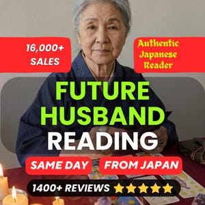 May include: An elderly woman with gray hair is the focal point of this image. Text overlay reads "FUTURE HUSBAND READING" and "Authentic Japanese Reader." Additional text includes "16,000+ SALES," "SAME DAY FROM JAPAN," and "1400+ REVIEWS."