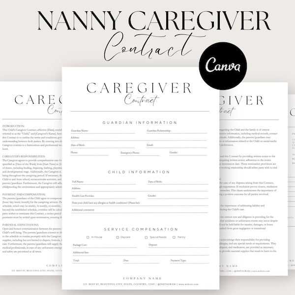 Care Giver Contract Template, Babysitter contract, Nanny contract, Canva Template, Editable Nanny Agreement Template, Nannying Forms, Sitter