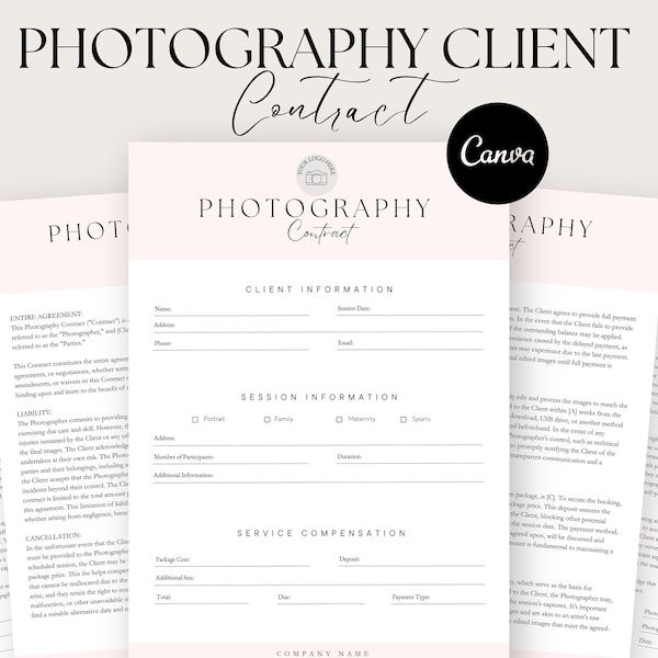 Photography Contract Template, Contract for Photographers, Canva Template, Editable Photography Contract, Client Agreement, Photography Form