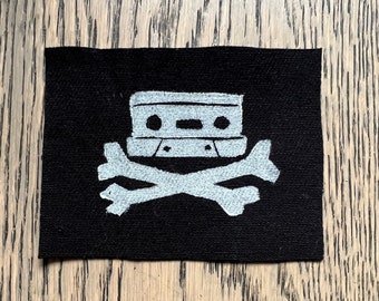 Pirate cassette tape linocut patch, punk patch, block print