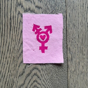 Trans Love, Trans symbol with heart linocut patch, Pink, punk patches, fabric patch, sew on, block print, trans rights