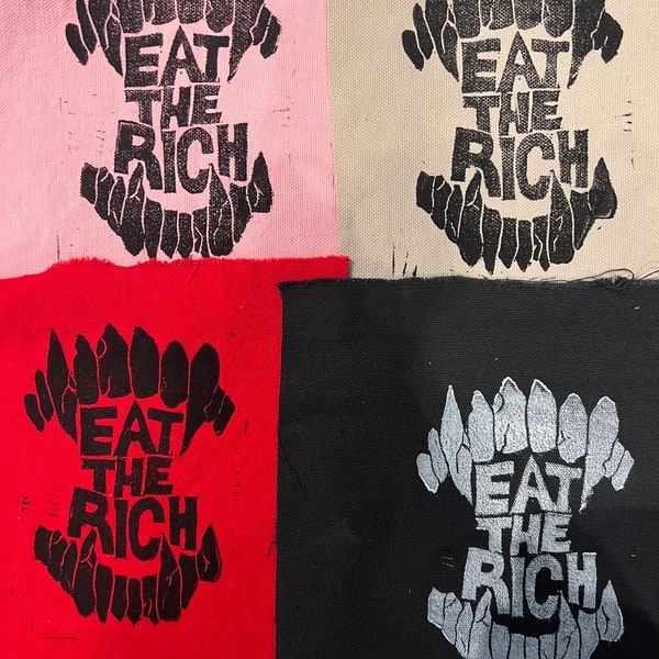 Eat the rich vampire linocut sew patch, anti capitalism, punk patch