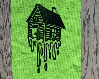 Oozing Slime House Linocut Patch, block print, sew on, fabric, punk patch, spooky, Halloween, weirdcore