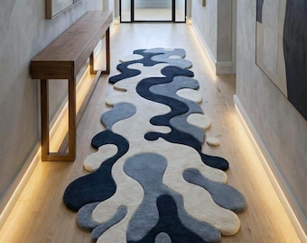 Abstract Wavy Runner Rug: Modern Blue Beige Plush Hallway Carpet, Runner Rug 2x20, Long Runner Carpet